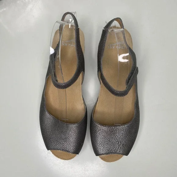 Dansko Marcy Pewter Metallic Leather Peep Toe Wedge Sandals 41 EU/10.5 US - Picture 5 of 9
